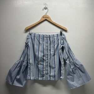 KMJ Kate McHale Jensen Off The Shoulder Top Blouse Cotton Striped Blue Small